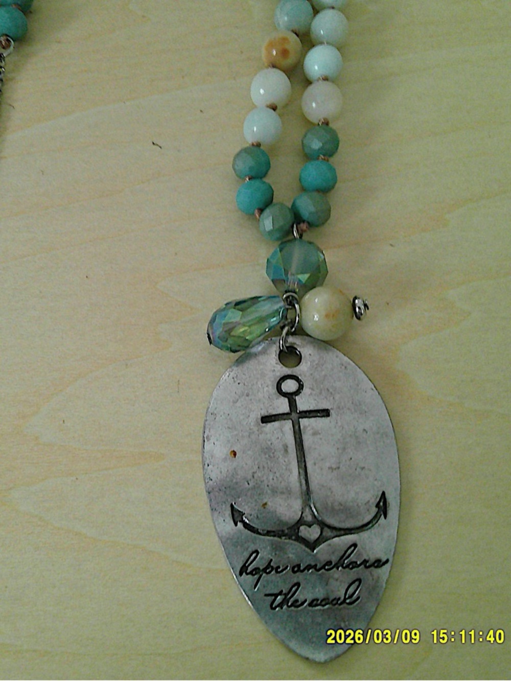 Anchor Pendant Beaded Necklace in Aqua and Cream